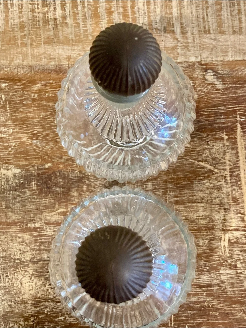 2 Vintage Ribbed Glass Decanters Vanity Bottles with Round Plastic Lids JPI NYC